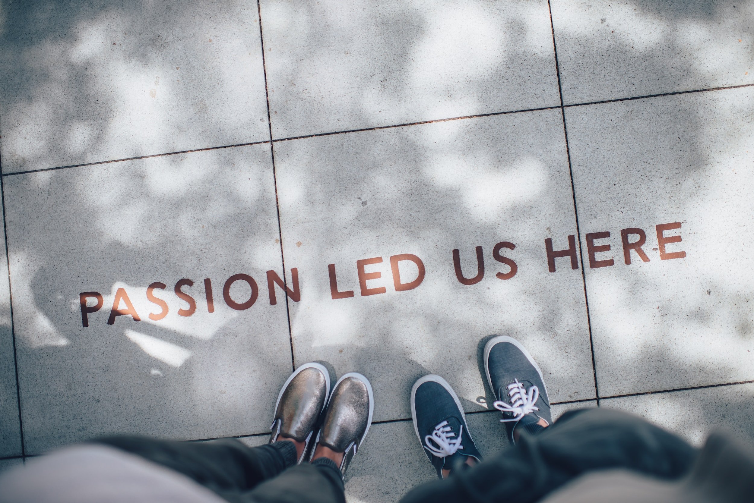 Top-down view of phrase "Passion led us here" on a street