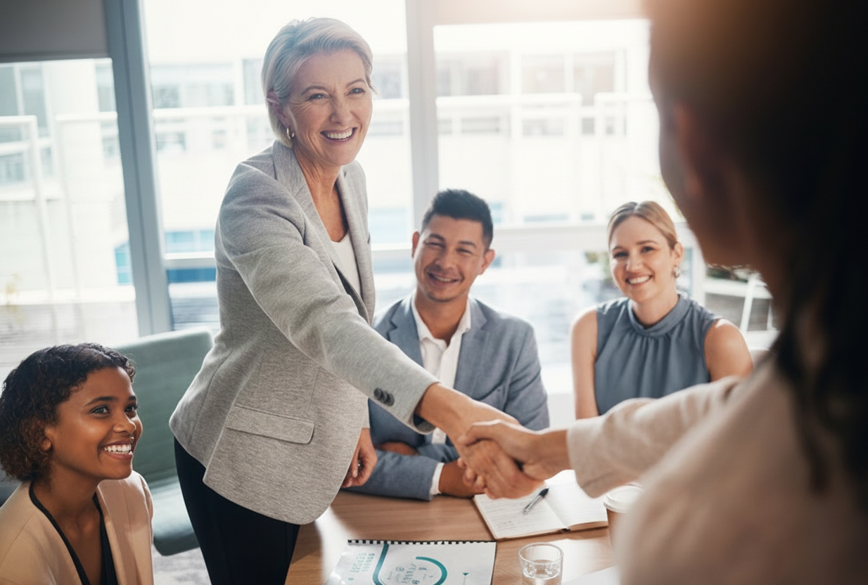 Corporate meeting standing and shaking hands background image