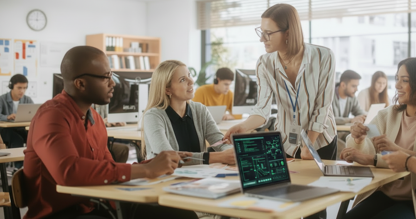 Teacher and students at desk background image