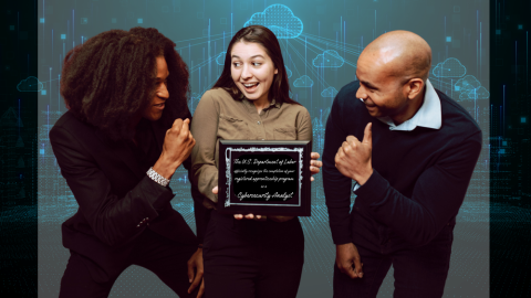 2 men congratulating woman on her achievement